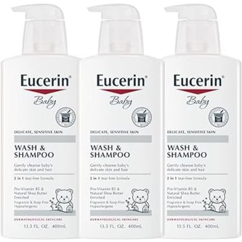 Eucerin Baby Unscented Baby Shampoo and Body Wash, Tear Free Shampoo and Wash, 13.5 Fl Oz Pump Bottle, Pack of 3