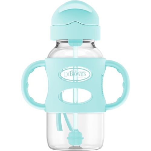 Dr. Brown's Milestones Wide-Neck Sippy Straw Bottle with 100% Silicone Handles and Weighted Straw, 9 oz/270 mL, Green, 6m+