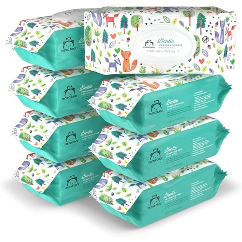 Amazon Brand - Mama Bear Gentle Formulated without Fragrance Baby Wipes, Hypoallergenic, Sensitive Skin, Unscented, 800 Count (8 Packs of 100)