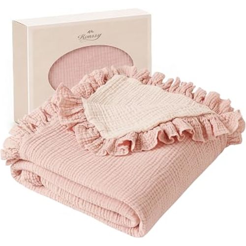Konssy 100% Cotton Muslin Baby Blanket with Ruffle Trim for Girls, 43"x39"