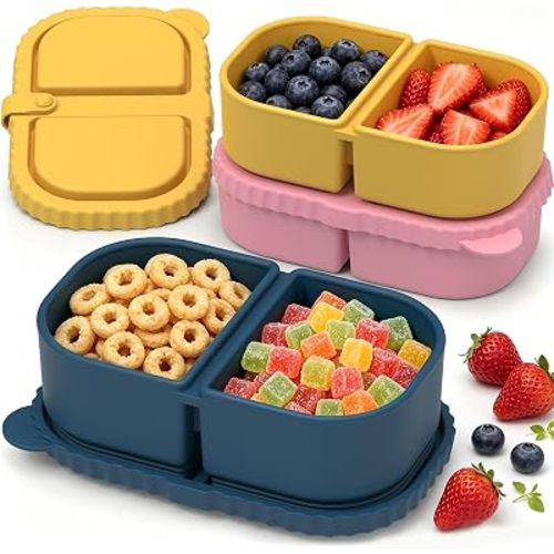 ICEROYCE 3 Pack Silicone Snack Containers for Kids, 2 Compartment Lunch Box