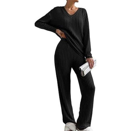SHEWIN Women's Pajama Sets Long Sleeve Short Sleeve 2 Piece Lounge Sets Ribbed Knit Sweater Sleepwear