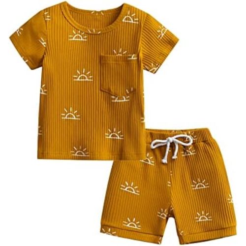 Infant Baby Boys Clothes Toddler Sun Print Short Sleeve Knitted Ribbed Top T-Shirt Drawstring Shorts 2Pcs Outfit Set
