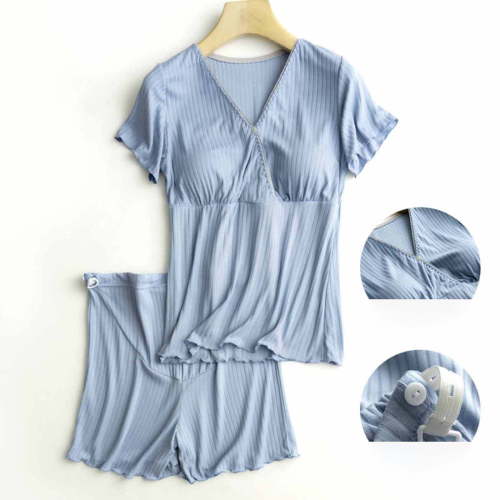 2 PCS Maternity Nursing Pajamas Set Postpartum Breastfeeding Short Sleeve Shirts, Pregnancy Blouse & Pants Pjs Blue L