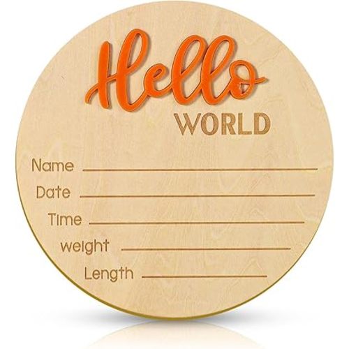 Baby Announcement Sign, 5.9 Inch Wooden Hello World Newborn Welcome Sign Birth Baby Name Plaques for Photo Props Baby Shower Hospital Nursery (Orange)