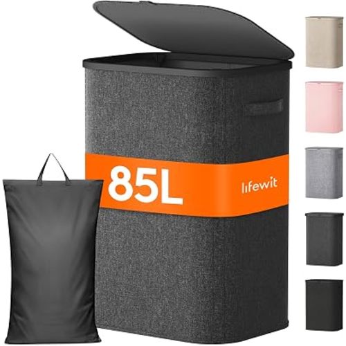 Lifewit 85L Large Laundry Basket with Lid, Laundry Hamper with Plastic Handles and Removable Bag, Foldable Tall Dirty Clothes Hampers for Laundry for Laundry Room, Bedroom, Bathroom, Dorm, Dark Gray