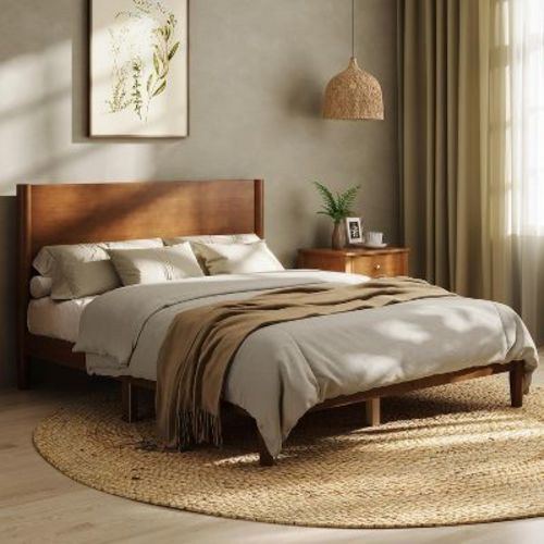 AMERLIFE Full Solid Wood Platform Bed Frame with 38" Headboard, Wooden Slats, Brown Walnut