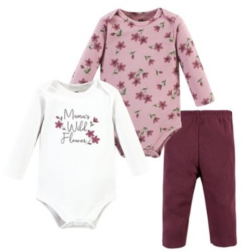 Hudson Baby Infant Girl Cotton Bodysuit and Pant Set, Plum Wildflower Long Sleeve, Size: preemie