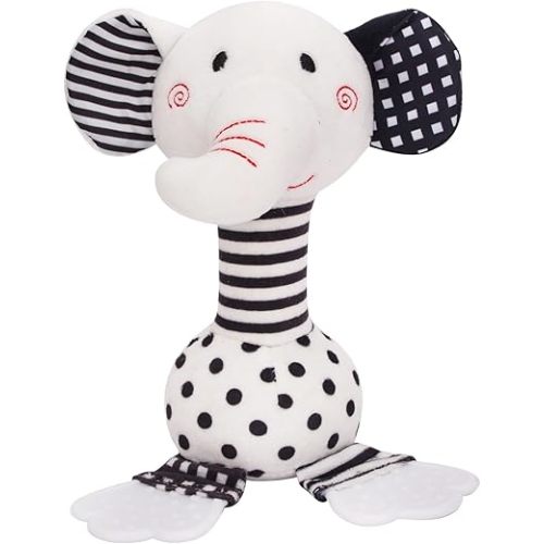 Black & White Elephant Baby Toys 0-12 Months - Plush Sensory Rattle with Teether, Wind Chime, BB Squeaker & Embroidery for Visual, Hearing & Cognitive Development