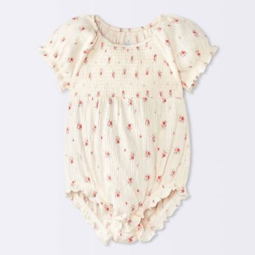 Baby Girls' Crinkle Knit Floral Bubble Sleeve Romper - Cloud Island™ Cream Newborn