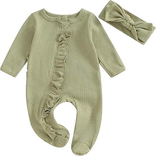 Emy Dola Newborn Baby Girl Ruffle Zip Up Romper Onesie Footies Knit Jumpsuit Infant Baby Coming Home Outfits With Headband 0-12M