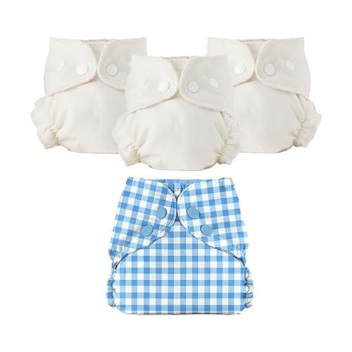 Esembly Cloth Diaper Bundle Set - 3 Organic Cotton Absorbent Inners and 1 Waterproof Outer Diaper Cover - Reusable, Washable, Snap Closure Cloth Diapers - Size 1 (7-17lbs), Turtles