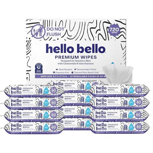 Hello Bello Premium Baby Wipes, Designed for Sensitive Skin with Chamomile & Aloe Extracts, Rosy Posy (12 Resealable Packets = 720 Total Wipes)