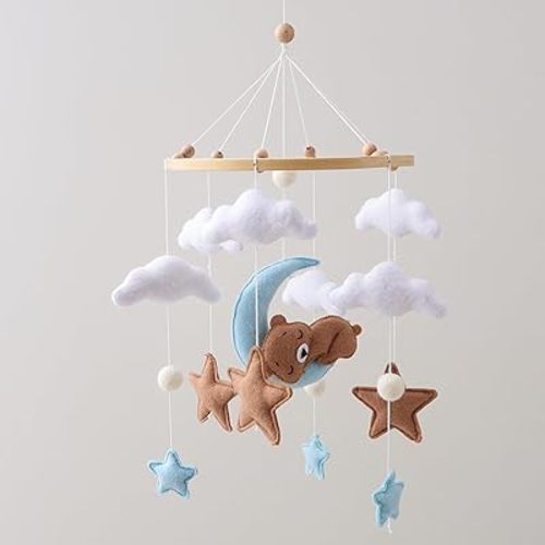 Mobile for Crib – Blue Moon Bear Baby Mobile, Baby Mobile for Crib with Handmade Felt Stars & Clouds, Nursery Mobiles Beech Wood Ring, Bassinet Mobile Hanging Toy Baby Room Decor