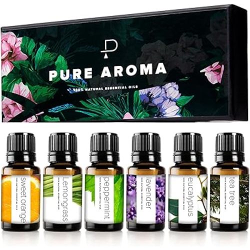 Pure Aroma Essential Oils Aromatherapy Set - 6 x 10ML Oils for Diffusers, Home Care, Candle Making Scents, Fragrance, Humidifiers, Gifts - Peppermint, Tea Tree, Lavender, Eucalyptus, Orange