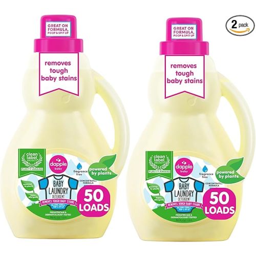 Dapple Baby Laundry Detergent, Plant Powered, Hypoallergenic, Fragrance Free, Concentrated, 50 fl oz (Pack of 2)