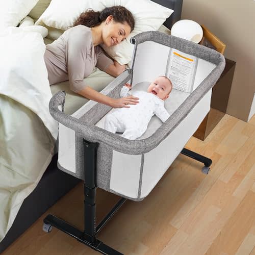 TODEFULL Baby Bassinet Bedside Sleeper, 2 in 1 Folding Portable Newborn Bedside Sleeper, All-Sided Mesh Infant Travel Crib for Toddlers, 6 Adjustable Height, with 4 Wheels, Grey
