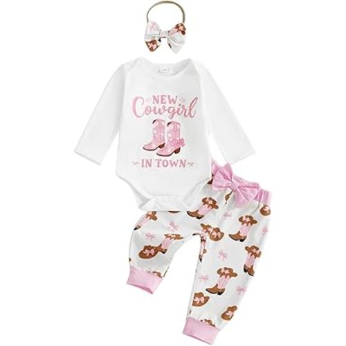 Western Newborn Baby Girl Fall Winter Clothes Cowgirl Ruffle Long Sleeve Romper + Jogger Pant 3Pcs Outfit Set
