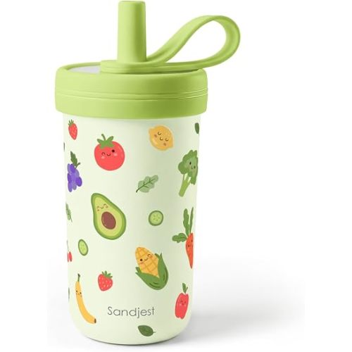 SANDJEST Kids Stainless Steel Tumbler with Silicone Straw 14oz, Fruit Insulated Drinking Cup for Children, Girls, Boys for Back To School, Birthday