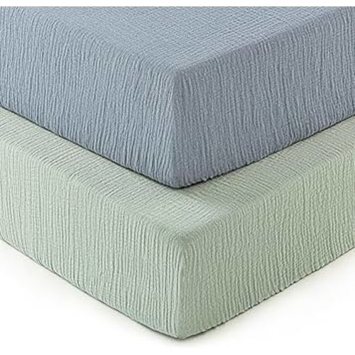 david's kids Muslin Crib Sheets for Boys Girls, 2 Pack 100% Cotton Soft Breathable Fitted Baby Neutral Sheet Set, Standard 52"x28" Crib and Toddler Mattress, Sage Green & Dusty Blue