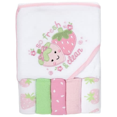 Baby Hooded Bath Towel and Washcloth Set for Infant Girls 6-12 Months (So Fresh Strawberry Pink)