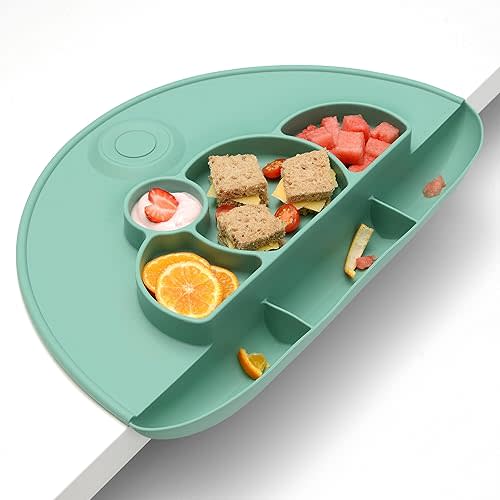 PrimaStella Silicone Placemat for Toddlers - Divided Toddler Plate, Suction Placemat and Food Catcher All-in-one (Green)