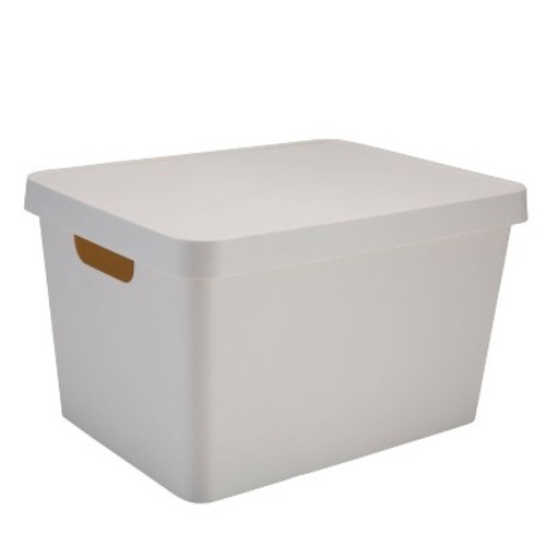 Simplify Vinto Storage Box with Lid Large: Off-White Polypropylene Decorative Bin, 14.5" W x 8.5" D x 10.9" H, No Assembly