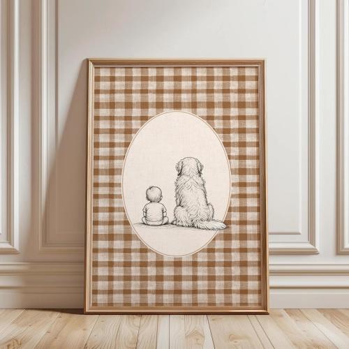 Baby and Dog Nursery Art, Neutral Gingham Golden Retriever Poster