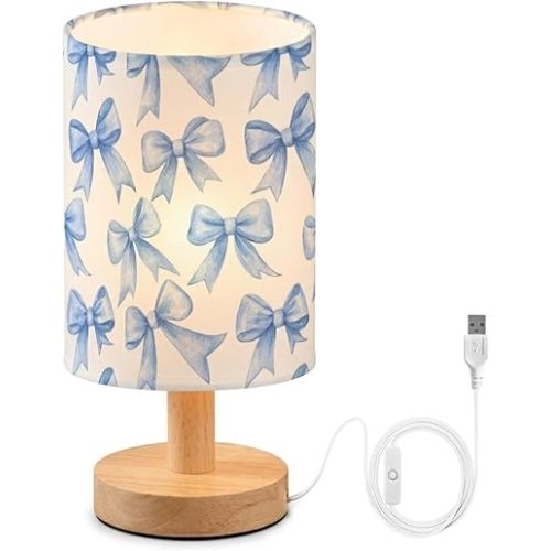 Bedside Table Lamp Blue Watercolor Coquette Bow Small Desk Lamps Linen Fabric Shade Decorative Nightstand Lamp LED with USB Port Wood Base for Bedroom Living Room