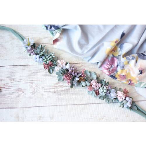 Jauna SET spring greenery lavender pink aqua newborn flower crown spring floral stretch wrap