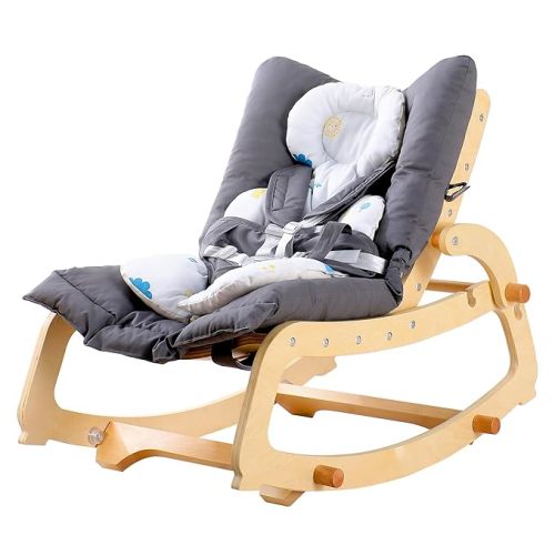 MallBest 3-in-1 Baby Rocker Chair with Double Cushions, for 0-12 Months, Adjustable Wooden Infant Rocker with Removable Cushion and 5-Point Harness for Infant to Toddler(Grey)