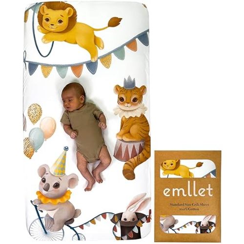 100% Cotton Fitted Crib Sheet – “Carnival Fun” Circus Theme Nursery Bedding, Colorful Baby Crib/Toddler Sheet (Standard Size)