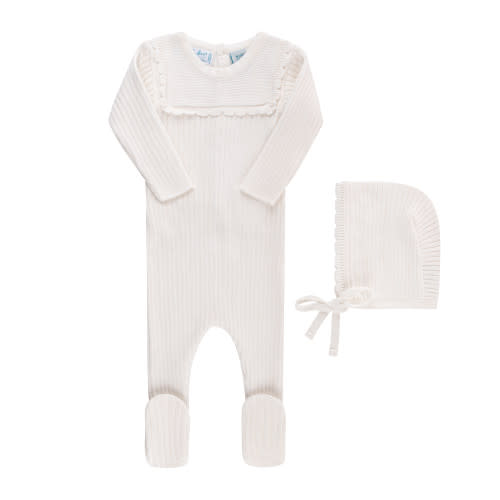 Scalloped Trim Ribbed Knit Romper & Bonnet
