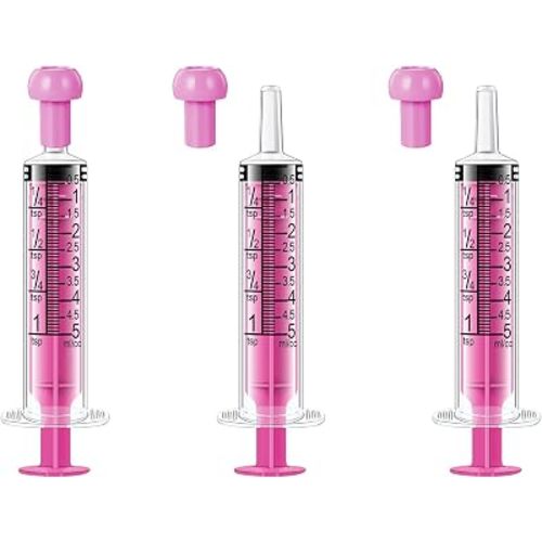 3Pcs 5ml Children Oral Syringes, Liquid Plastic Syringe,Colorful Measuring Tools Individually Sealed for Feeding,Baby Medicine Syringes with Caps (Pink)