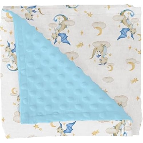 Fantasy Dragon Baby Blankets for Girl Boy Fairytale Dragons Moon Stars Clouds Trees Soft Mink Dotted Backing Double Layer Swaddle Blanket Myth Animal Bed Throws for Newborn Toddler Nursery 30x40