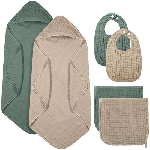 Hahafelt 6 Pcs Muslin Hooded Bath Towels Washcloths and Bibs Set, Muslin Cotton Baby Towels Absorbent Hooded Blanket Towel Infant Bibs for Boys Girls Newborn Infant Essential(Dark Green, Beige)