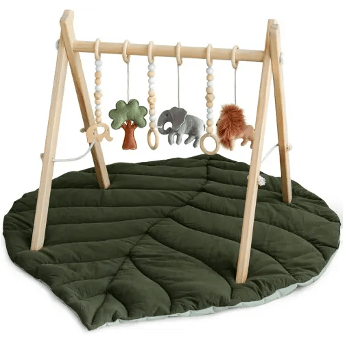 Razee Wooden Baby Play Gym Activity Mat, Leaf Shaped Play Mat Baby Gym with 6 Hanging Sensory Toys Foldable Baby Gym Newborn Infant Baby Use