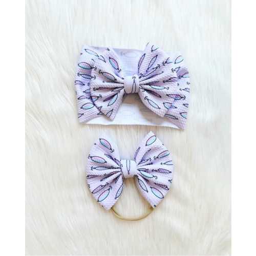 Purple Fishing Lure Baby Bow: Nylon, Headwrap, Clip or Pigtail Set Hair Bow