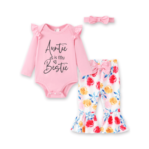PatPat Baby Girl Clothes Long Sleeve Floral Romper Bell Bottom Pants with Cute Headband Outfit Set for Party Birthday Gift for Baby Girls Pink 0-3 Months