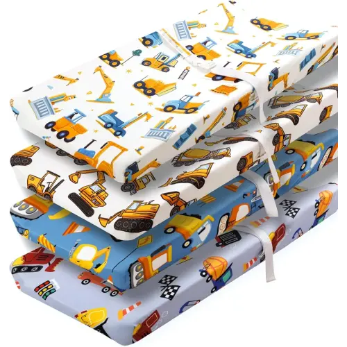 4 Pack Baby Boy Changing Pad Covers Sheets Set Soft Fitted Baby Boy Mattress Covers Construction Truck or Dinosaur Theme Breathable Toddler Sheets for Infant (Construction Truck, Changing Pad Covers)