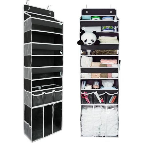 Door Hanging Storage Organizer,with 3 Bins 1 Movable Baby Diaper Caddy,1 Large capacity diaper stacking storage Organizer,10 Side Pockets ,Bedroom Door Storage for Nursery Baby Essentials. (Dark grey)