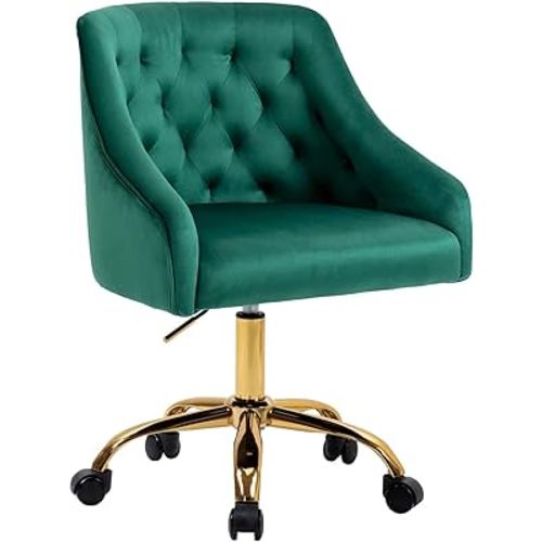 MOJAY Velvet Office Swivel Chair, Vanity Fabric Desk Pretty Fancy Gold Office Chairs for Girls, 360°Swivel Height Adjustable Reception Chair (Green)