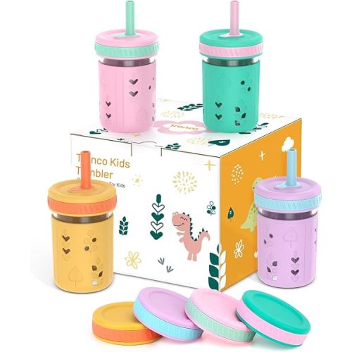 Tronco 8 oz Glass Sippy Cup for Toddlers, Kids Mason Jar Smoothie Cup with Silicone Sleeves & Spill Resistant Flexible Straw, Snack Cup, BPA-Free, Dishwasher Safe
