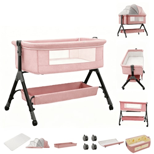 4 in 1 Baby Crib Portable Newborn Cribs with Changing Table Baby Bedside Sleeper with Mosquito Net,Height Adjustable,Unisex,Pink