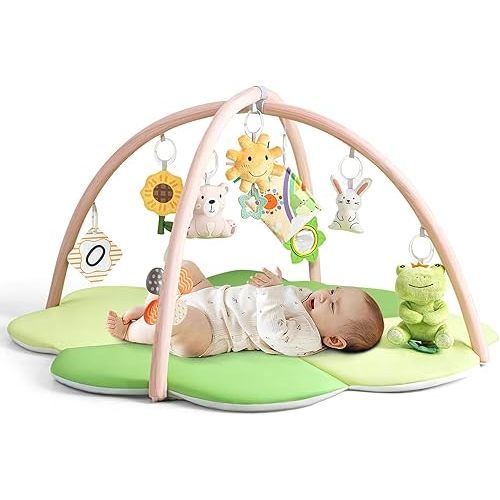 Baby Play Mat, Tummy Time Mat for Sensory Development, 4-Leaf Clover Baby Play Mat & Gym with 9 Detachable Toys, Portable & Easy to Clean, 0-9+ Months