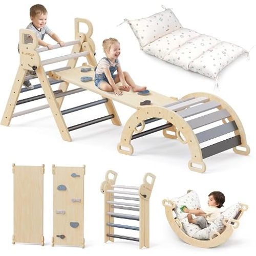 Pikler Triangle Set with Cushion, Wooden Climbing Toys for Toddler | Foldable 8-in-1 Montessori Philosophy Toddler Climbing Toys Indoor with Reversible Ramp, Arch and Ladder - Mauve Pink