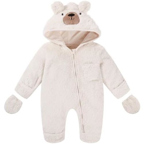WISREMT Newborn Baby Snowsuit Bear Onesie Suit Boys Girls Fleece Jumpsuit with Mittens Winter Warm Hooded Rompers Clothes