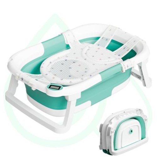 Aprpink Foldable Baby Bathtub PP+TPE with Soft Bath Net&Thermometer for 0-36 Months Toddler Turquoise