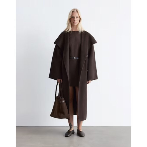 Wool Belted Maxi Coat With Funnel Neck in Brown