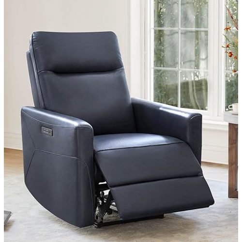 CHITA Genuine Leather Power Recliner Chair for Adults, Electric Wall Hugger Recliner for Small Spaces, Modern Living Room and RV Recliner Chair with Power Headrest & Charging Ports, Dark Blue